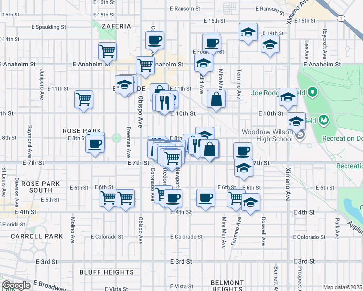 map of restaurants, bars, coffee shops, grocery stores, and more near 795 Loma Avenue in Long Beach