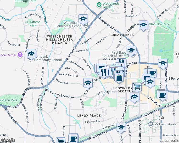 map of restaurants, bars, coffee shops, grocery stores, and more near 136 Coventry Road in Decatur