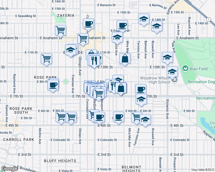 map of restaurants, bars, coffee shops, grocery stores, and more near 765 Loma Avenue in Long Beach