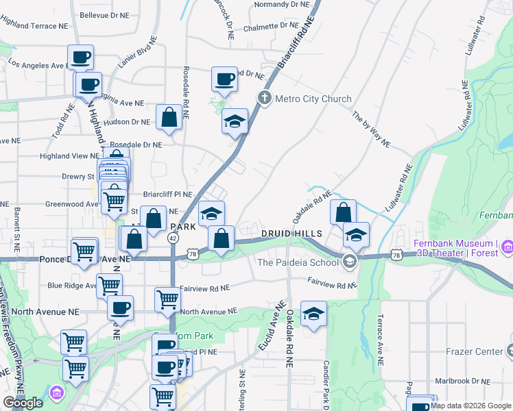 map of restaurants, bars, coffee shops, grocery stores, and more near 823 Springdale Road Northeast in Atlanta