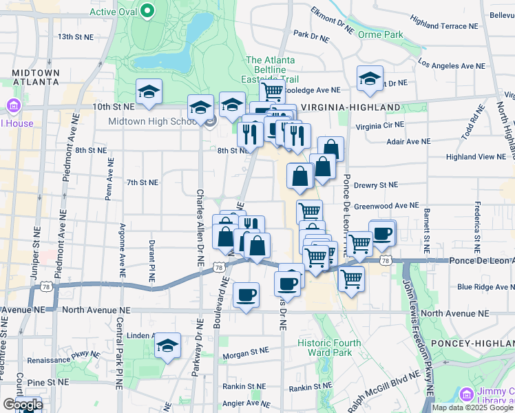 map of restaurants, bars, coffee shops, grocery stores, and more near 541 Greenwood Avenue Northeast in Atlanta