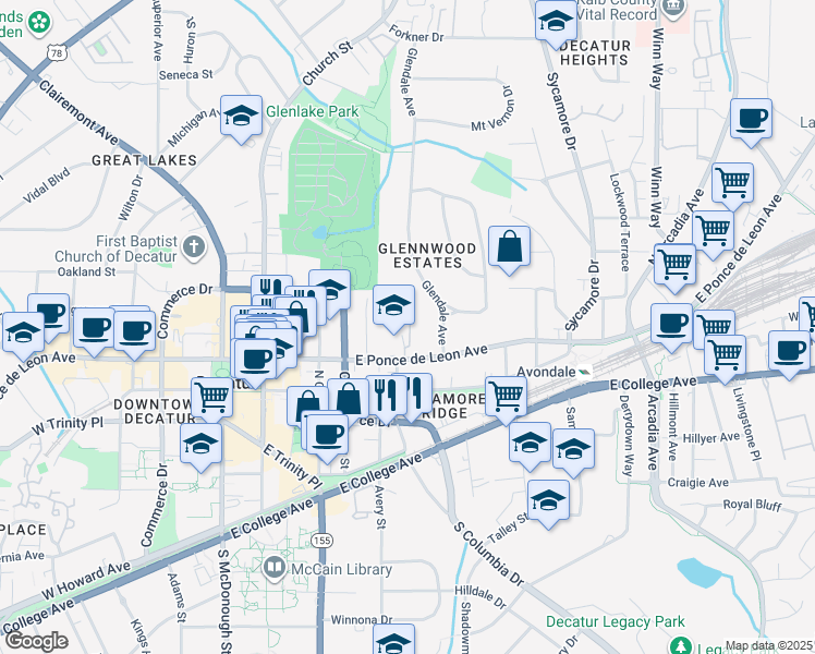 map of restaurants, bars, coffee shops, grocery stores, and more near 510 East Ponce de Leon Avenue in Decatur