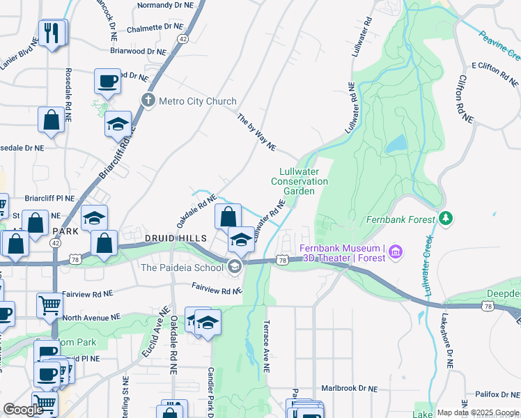 map of restaurants, bars, coffee shops, grocery stores, and more near 808 Lullwater Road Northeast in Atlanta