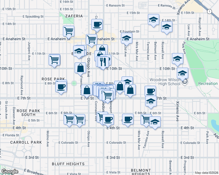 map of restaurants, bars, coffee shops, grocery stores, and more near 771 Newport Avenue in Long Beach