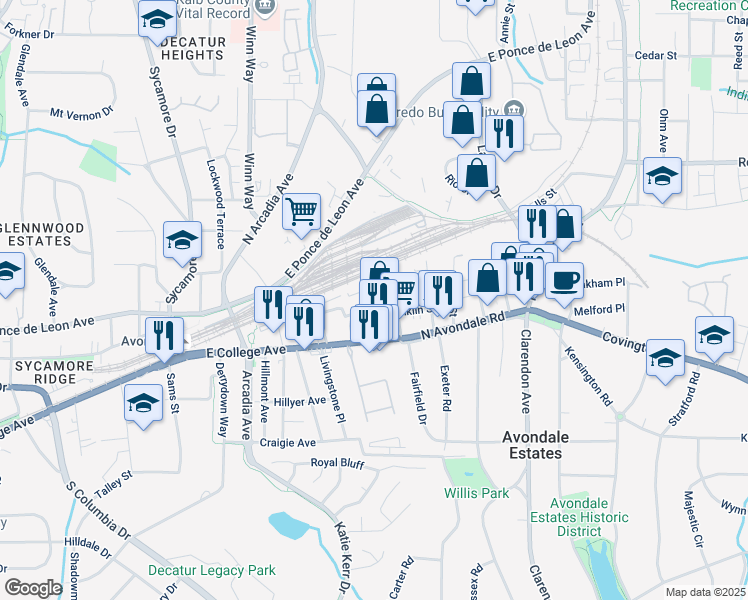 map of restaurants, bars, coffee shops, grocery stores, and more near 2800-2834 Washington Street in Avondale Estates