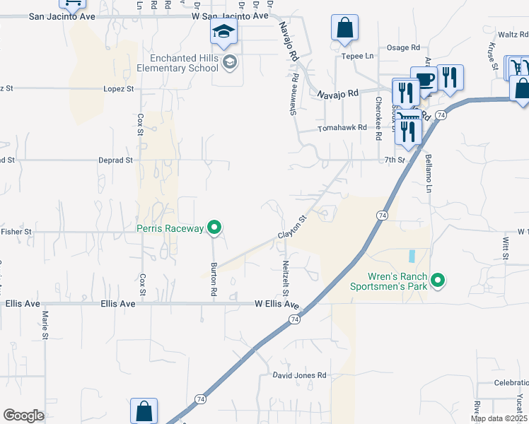 map of restaurants, bars, coffee shops, grocery stores, and more near 1020 Clayton Street in Perris