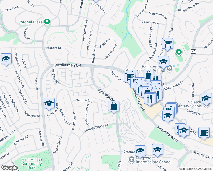 map of restaurants, bars, coffee shops, grocery stores, and more near 4 Hilltop Circle in Rancho Palos Verdes