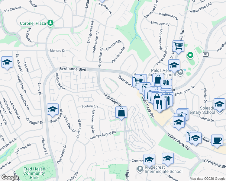 map of restaurants, bars, coffee shops, grocery stores, and more near 4 Hilltop Circle in Rancho Palos Verdes