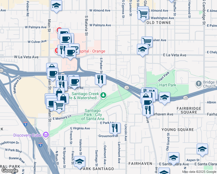 map of restaurants, bars, coffee shops, grocery stores, and more near 701 South Parker Street in Orange