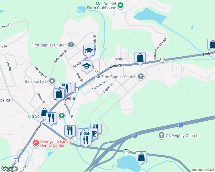 map of restaurants, bars, coffee shops, grocery stores, and more near 46 Depot Street in Springville