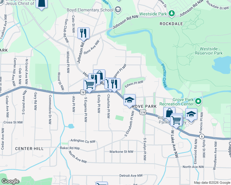 map of restaurants, bars, coffee shops, grocery stores, and more near 1985 B Donald Lee Hollowell Parkway Northwest in Atlanta