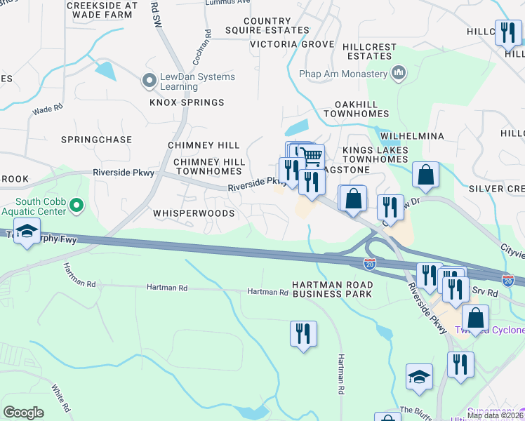 map of restaurants, bars, coffee shops, grocery stores, and more near 575 Riverside Parkway in Austell