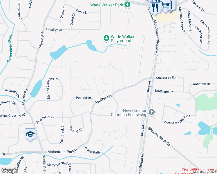 map of restaurants, bars, coffee shops, grocery stores, and more near 5399 Granite Court in Stone Mountain