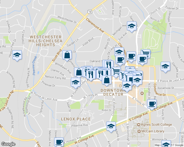 map of restaurants, bars, coffee shops, grocery stores, and more near 128 Fairview Avenue in Decatur
