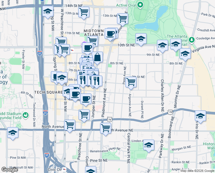 map of restaurants, bars, coffee shops, grocery stores, and more near 811 Piedmont Avenue Northeast in Atlanta