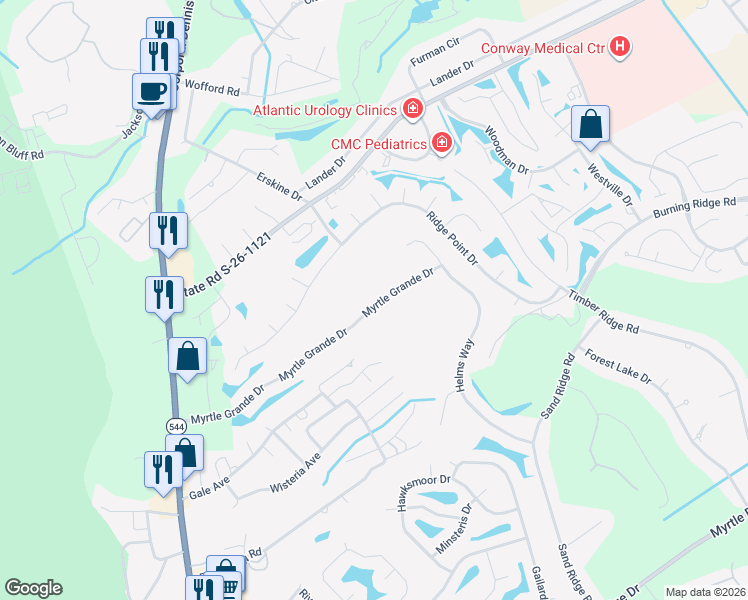 map of restaurants, bars, coffee shops, grocery stores, and more near 253 Myrtle Grande Drive in Conway