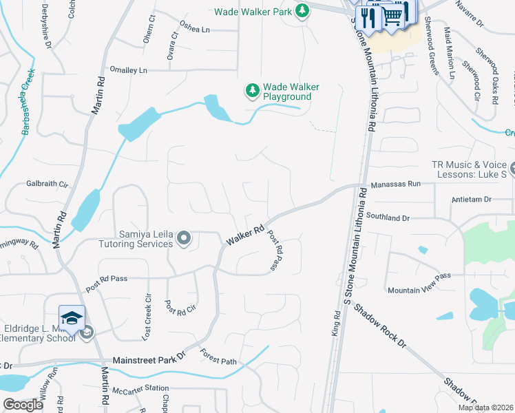 map of restaurants, bars, coffee shops, grocery stores, and more near 5410 Granite Court in Stone Mountain