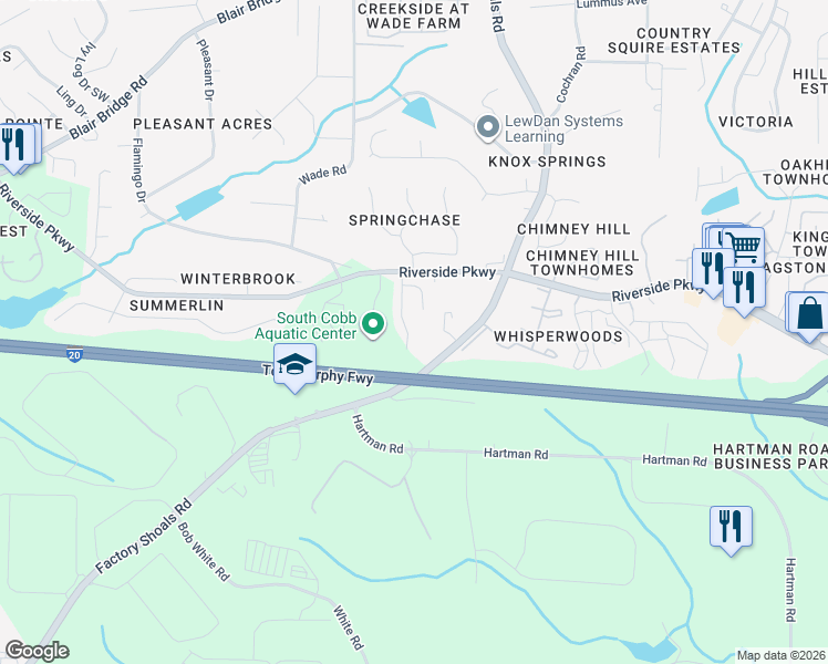 map of restaurants, bars, coffee shops, grocery stores, and more near 7253 Crestside Drive in Austell