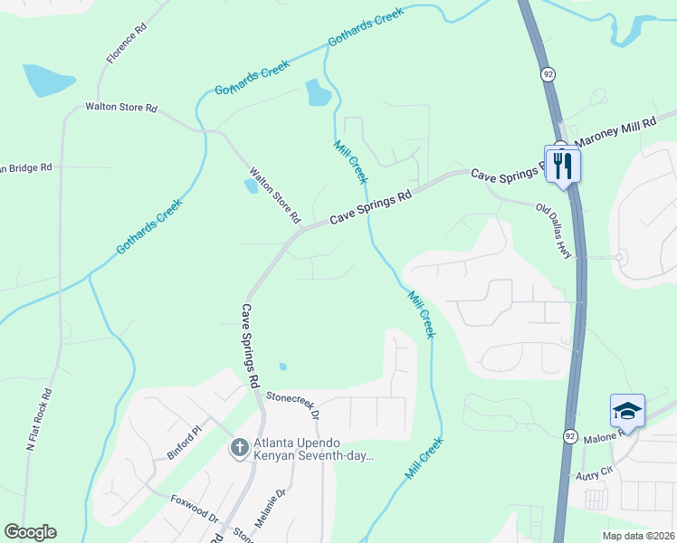 map of restaurants, bars, coffee shops, grocery stores, and more near 6337 Gothards Lane in Douglasville