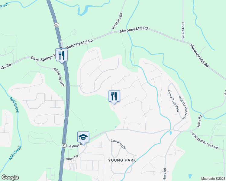 map of restaurants, bars, coffee shops, grocery stores, and more near 7368 Essex Drive in Douglasville