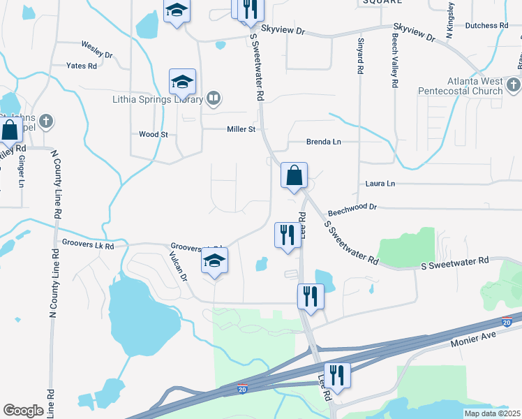 map of restaurants, bars, coffee shops, grocery stores, and more near 7319 Groovers Lake Road in Lithia Springs