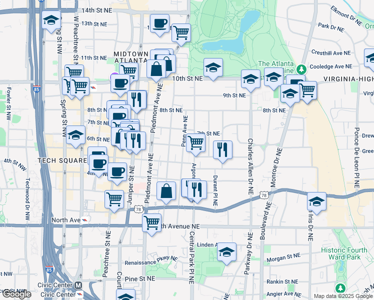 map of restaurants, bars, coffee shops, grocery stores, and more near 807 Penn Avenue Northeast in Atlanta