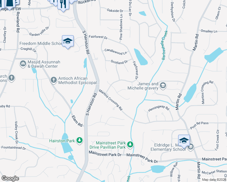 map of restaurants, bars, coffee shops, grocery stores, and more near 677 Tarkington Road South in Stone Mountain