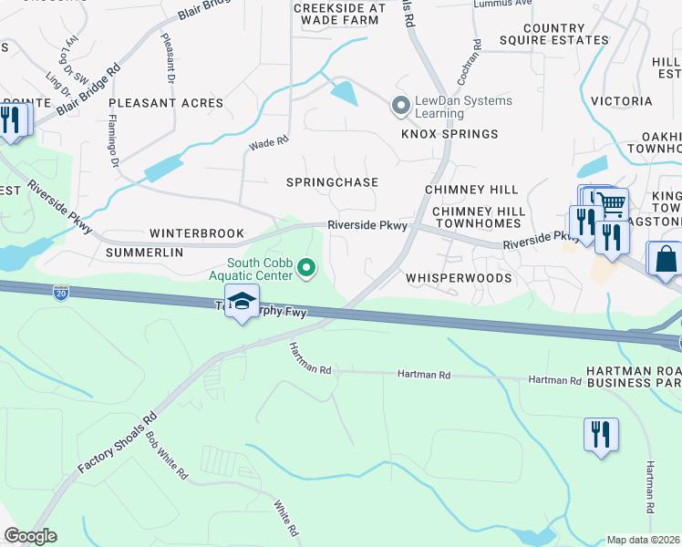 map of restaurants, bars, coffee shops, grocery stores, and more near 7253 Crestside Drive in Austell