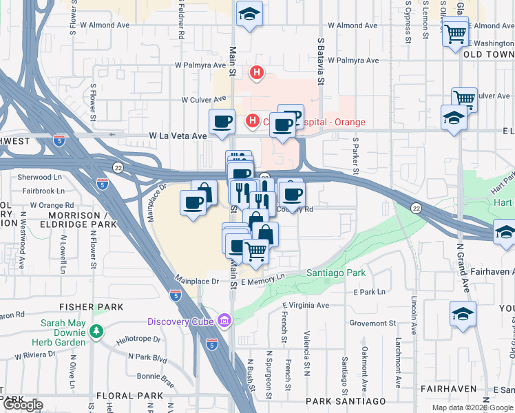 map of restaurants, bars, coffee shops, grocery stores, and more near 1225 Town and Country Road in Orange