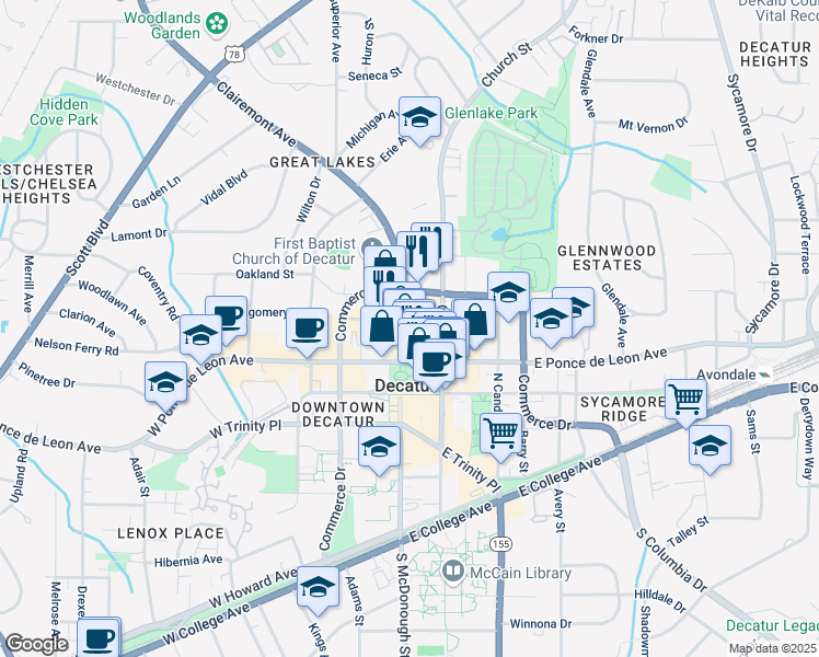 map of restaurants, bars, coffee shops, grocery stores, and more near 133 Clairemont Avenue in Decatur