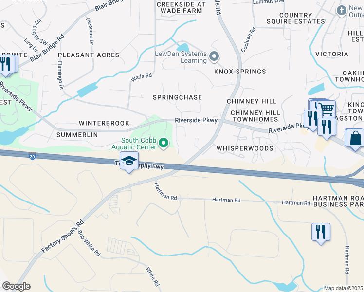 map of restaurants, bars, coffee shops, grocery stores, and more near 7243 Crestside Drive in Austell