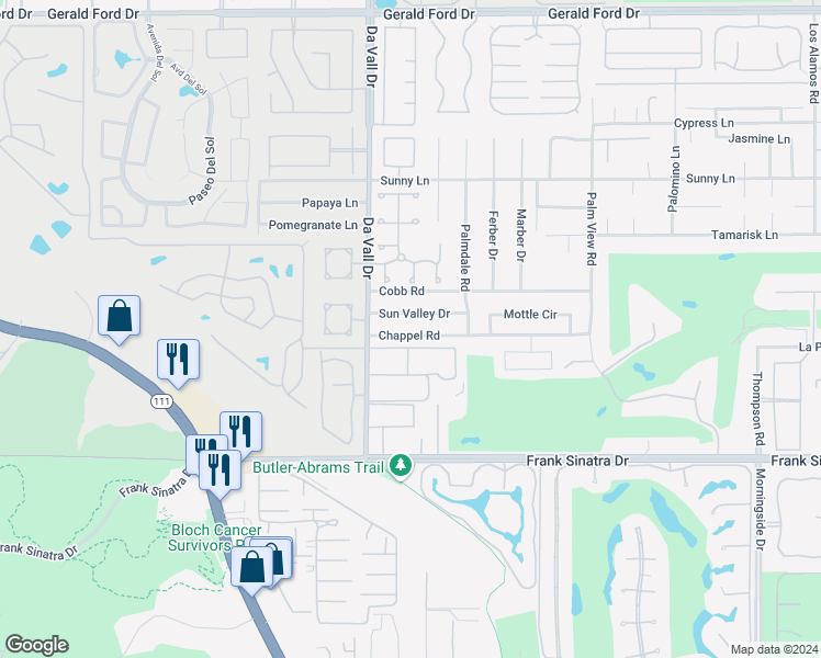 map of restaurants, bars, coffee shops, grocery stores, and more near 70121 Sun Valley Drive in Rancho Mirage