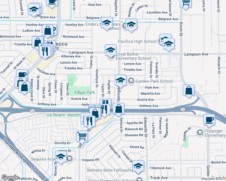 map of restaurants, bars, coffee shops, grocery stores, and more near 12751 Poplar Street in Garden Grove