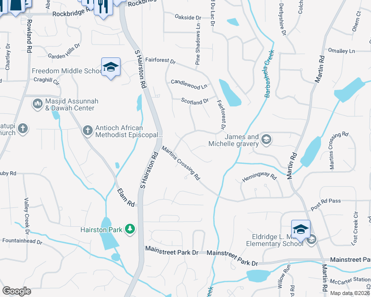map of restaurants, bars, coffee shops, grocery stores, and more near 5144 Fairforest Drive in Stone Mountain