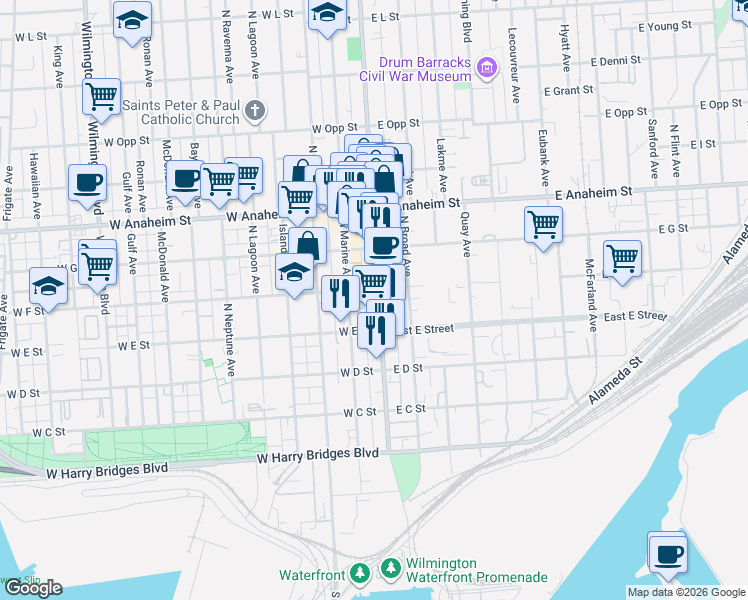 map of restaurants, bars, coffee shops, grocery stores, and more near 543 North Avalon Boulevard in Los Angeles