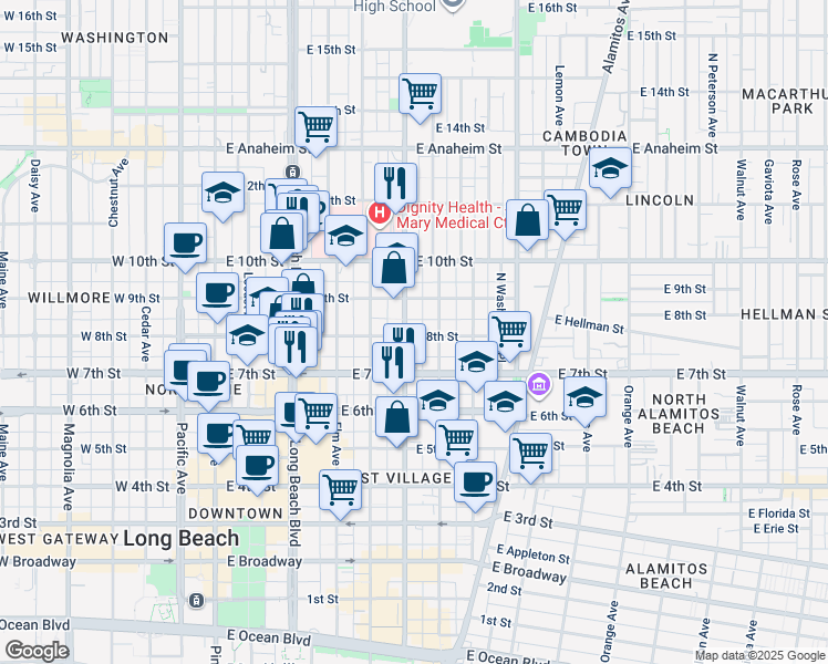 map of restaurants, bars, coffee shops, grocery stores, and more near 800 Atlantic Avenue in Long Beach
