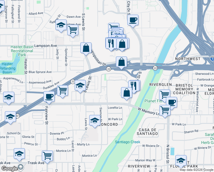 map of restaurants, bars, coffee shops, grocery stores, and more near 761 South Park Vine Street in Orange