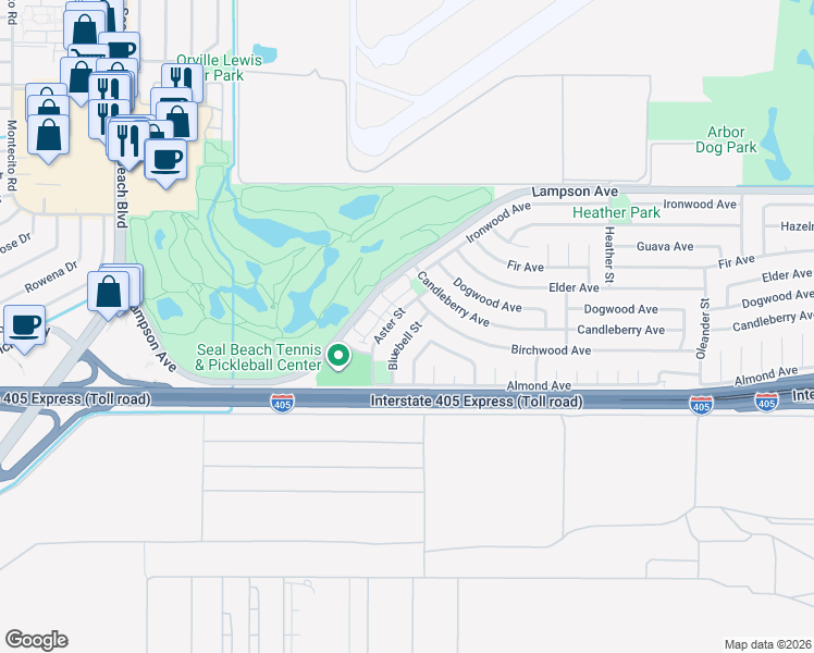 map of restaurants, bars, coffee shops, grocery stores, and more near 3681 Bluebell Street in Seal Beach