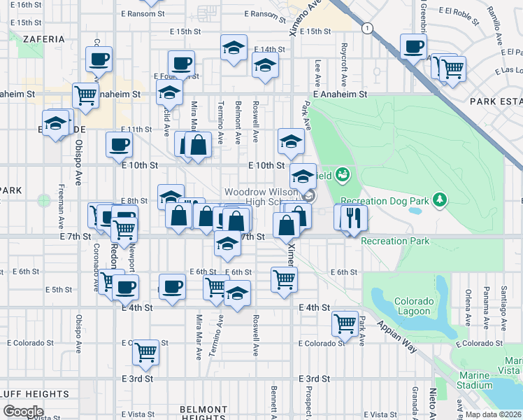 map of restaurants, bars, coffee shops, grocery stores, and more near 4222 East 8th Street in Long Beach