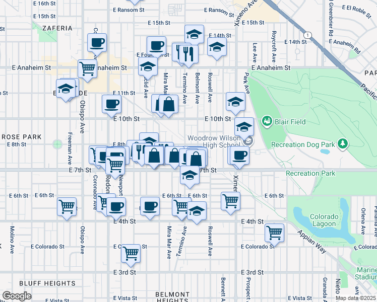 map of restaurants, bars, coffee shops, grocery stores, and more near 775 Termino Avenue in Long Beach