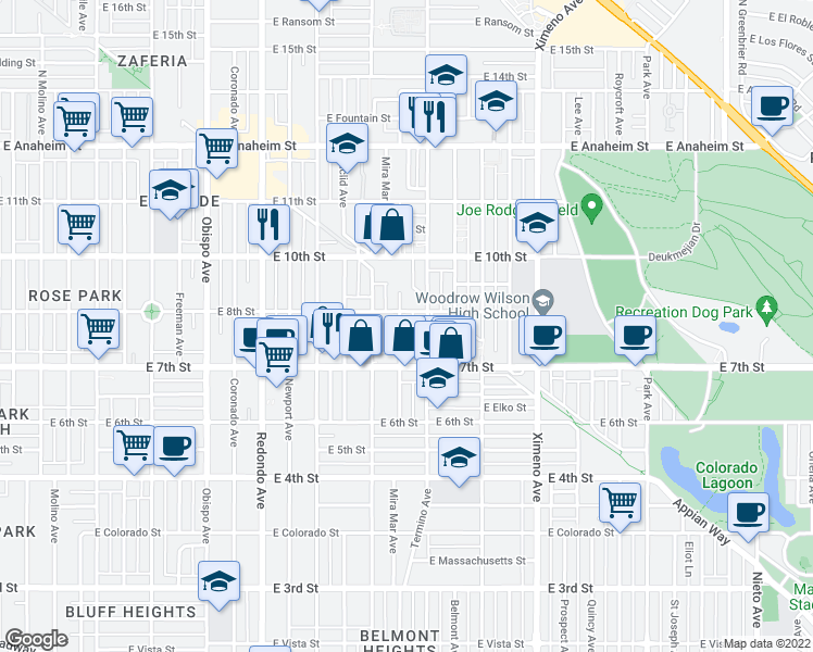map of restaurants, bars, coffee shops, grocery stores, and more near 775 Termino Avenue in Long Beach