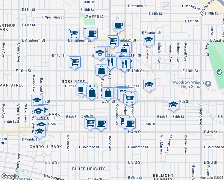 map of restaurants, bars, coffee shops, grocery stores, and more near 3122 East 8th Street in Long Beach