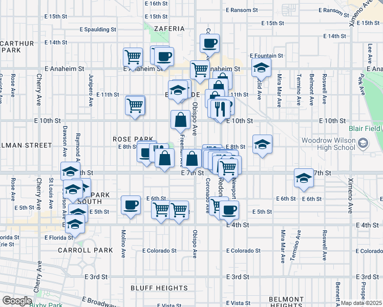 map of restaurants, bars, coffee shops, grocery stores, and more near 3122 East 8th Street in Long Beach