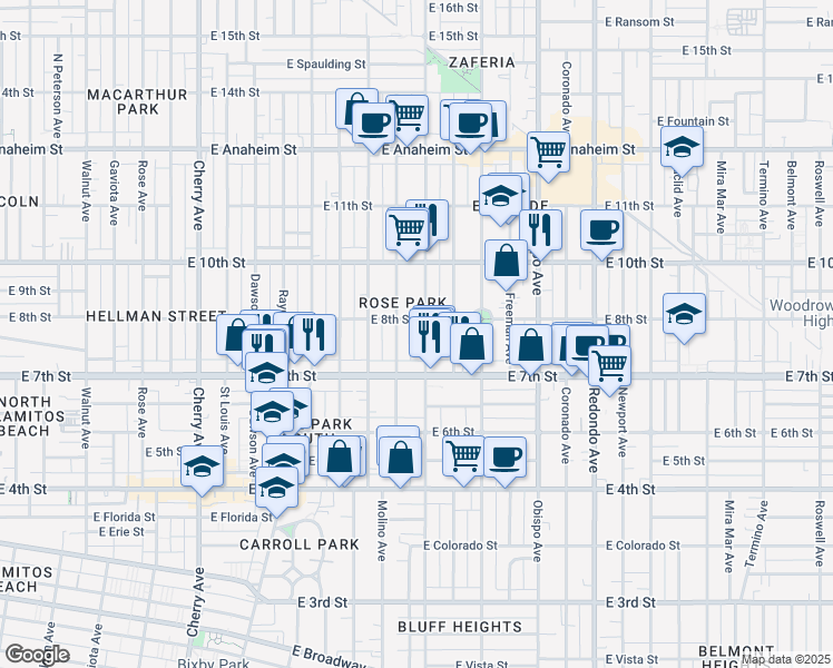 map of restaurants, bars, coffee shops, grocery stores, and more near 2720 East 8th Street in Long Beach