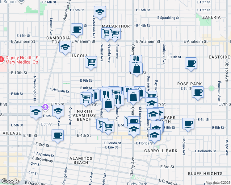 map of restaurants, bars, coffee shops, grocery stores, and more near in Long Beach