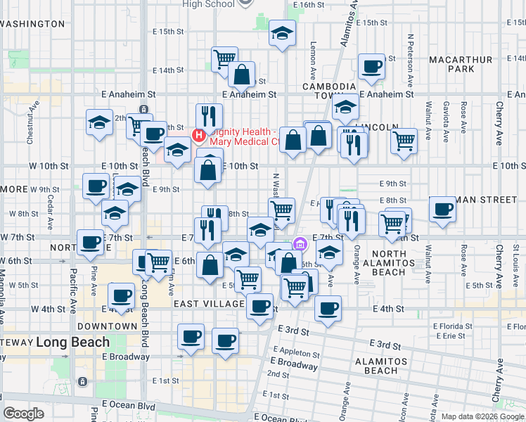 map of restaurants, bars, coffee shops, grocery stores, and more near 820 Olive Avenue in Long Beach