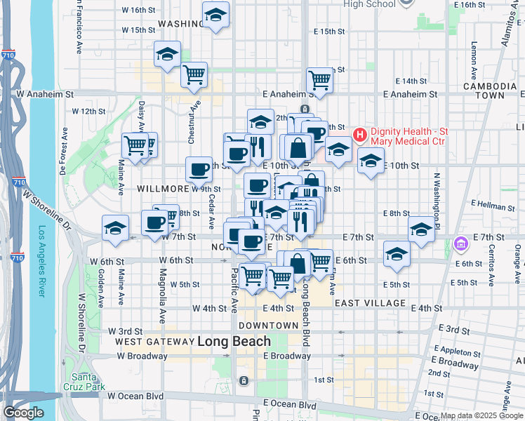 map of restaurants, bars, coffee shops, grocery stores, and more near in Long Beach