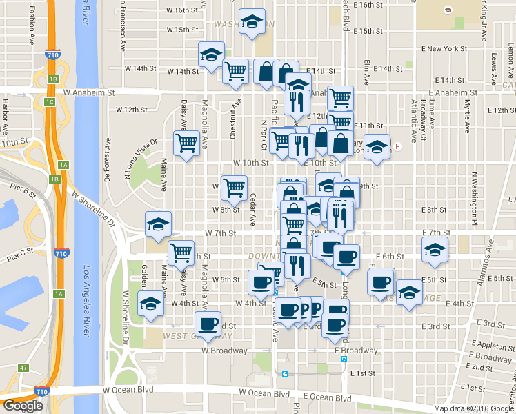 map of restaurants, bars, coffee shops, grocery stores, and more near 819 Cedar Avenue in Long Beach
