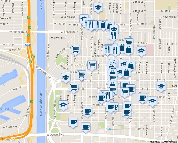 map of restaurants, bars, coffee shops, grocery stores, and more near 429 West 8th Street in Long Beach