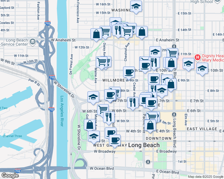 map of restaurants, bars, coffee shops, grocery stores, and more near 817 East Cypress Way in Long Beach